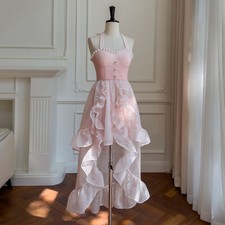 Women's Tie Back Sexy Layered Ruffle Hem Pink Ball Gown Evening Party Dress