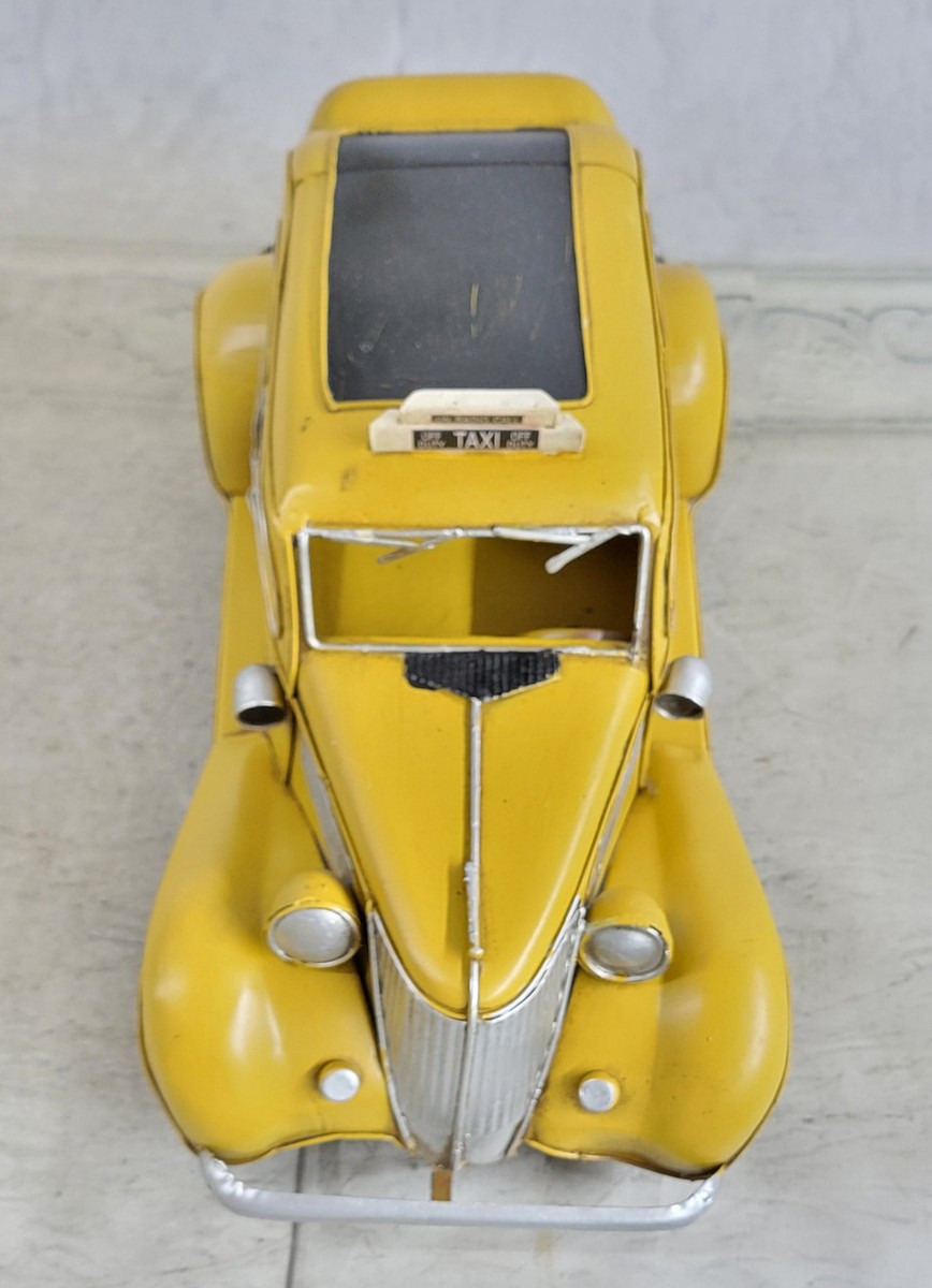 NYC Yellow Taxi Cab Model - 11" Handmade Metal Collectible Replica With Checkered Details