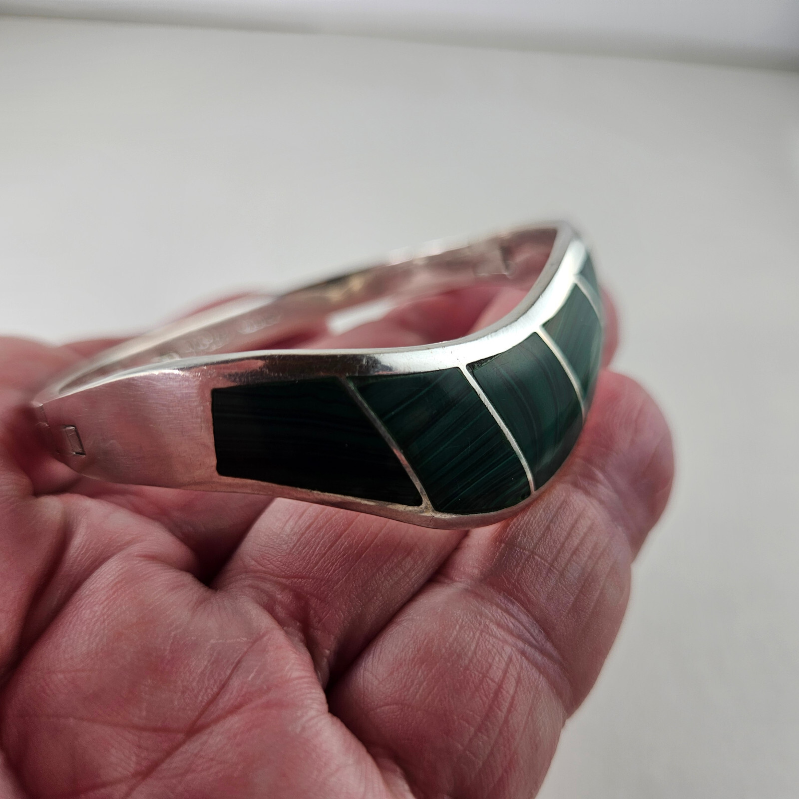 Sterling Silver Hinged Bangle Inlay Malachite Bra… - image 8