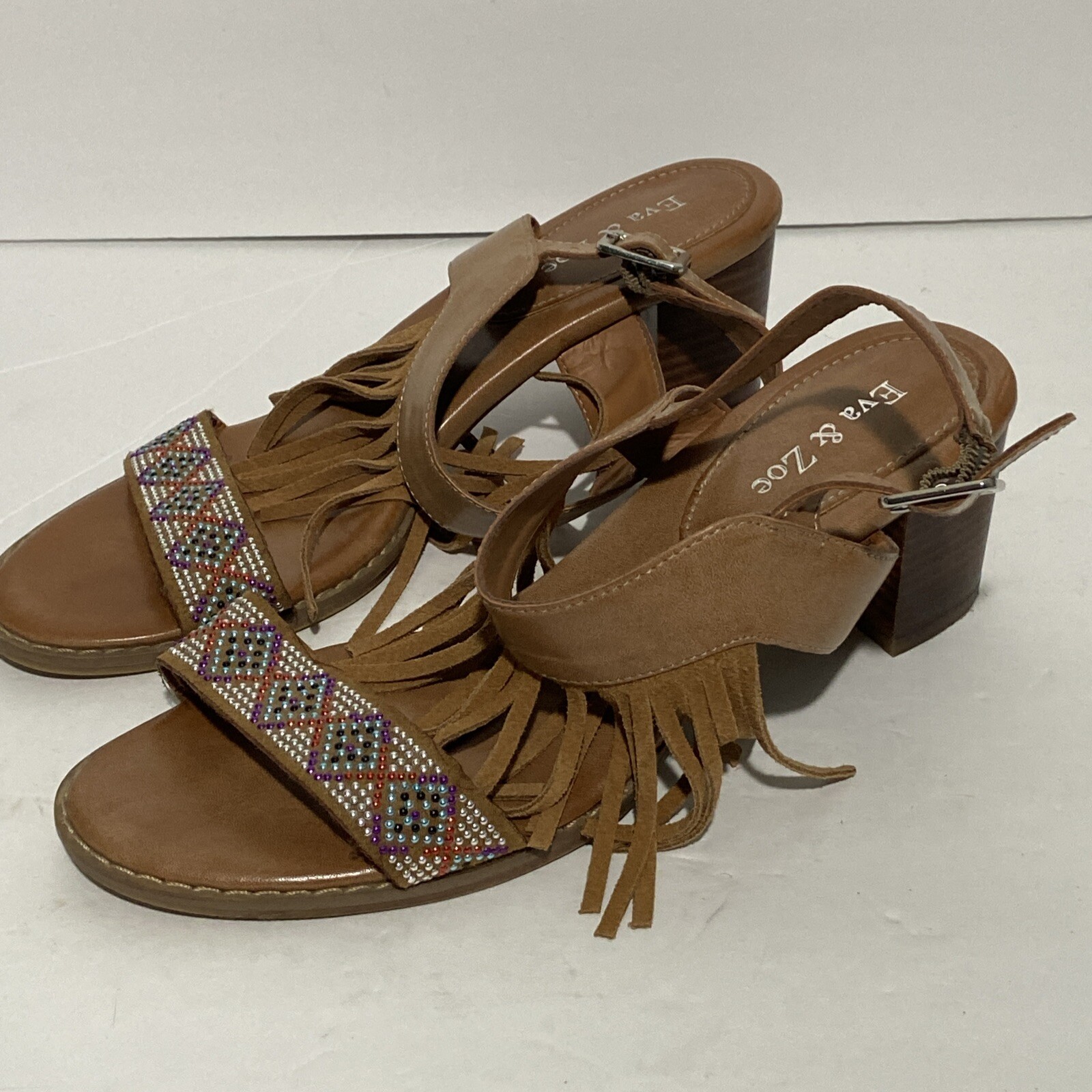 APL Sandalo donna Eva & Zoe Havana taglia 8 5 frange boho country perline sud ovest