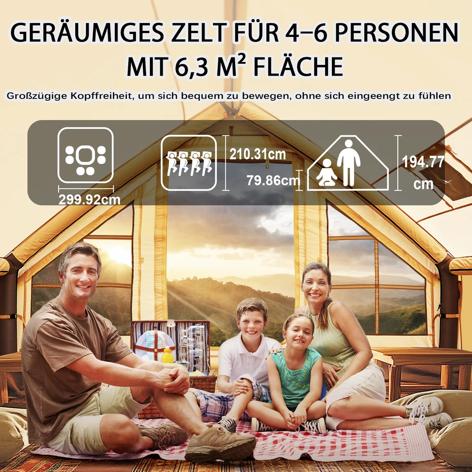 H&ZT Aufblasbares Zelt für Camping 6 Personen Zelt mit Luftpumpe Kaminöffnung - Bild 3 von 4