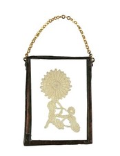 Tiny Crocheted Flower Sealed Brass Glass Frame Pendant Hanging Charm 1.5 x 1 1/8
