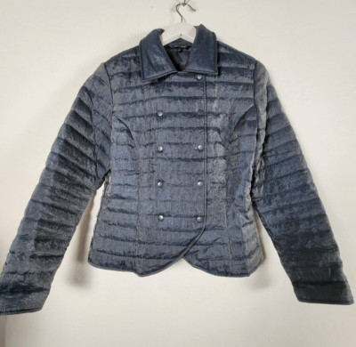 Samuel Dong Double-Breasted Shimmer Quilted Jacket Women Medium Blue Puffer Coat