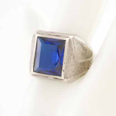 Vintage Lab-Created Blue Spinel Sterling Silver Ring Men s Size 10 Emerald-Cut