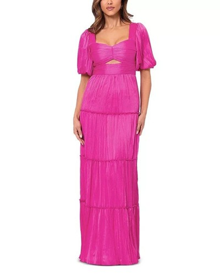 #ad AQUA Pleated Cutout A Line Dress Women#x27;s Pink Sweetheart Neck Tiered Full Length $32.47