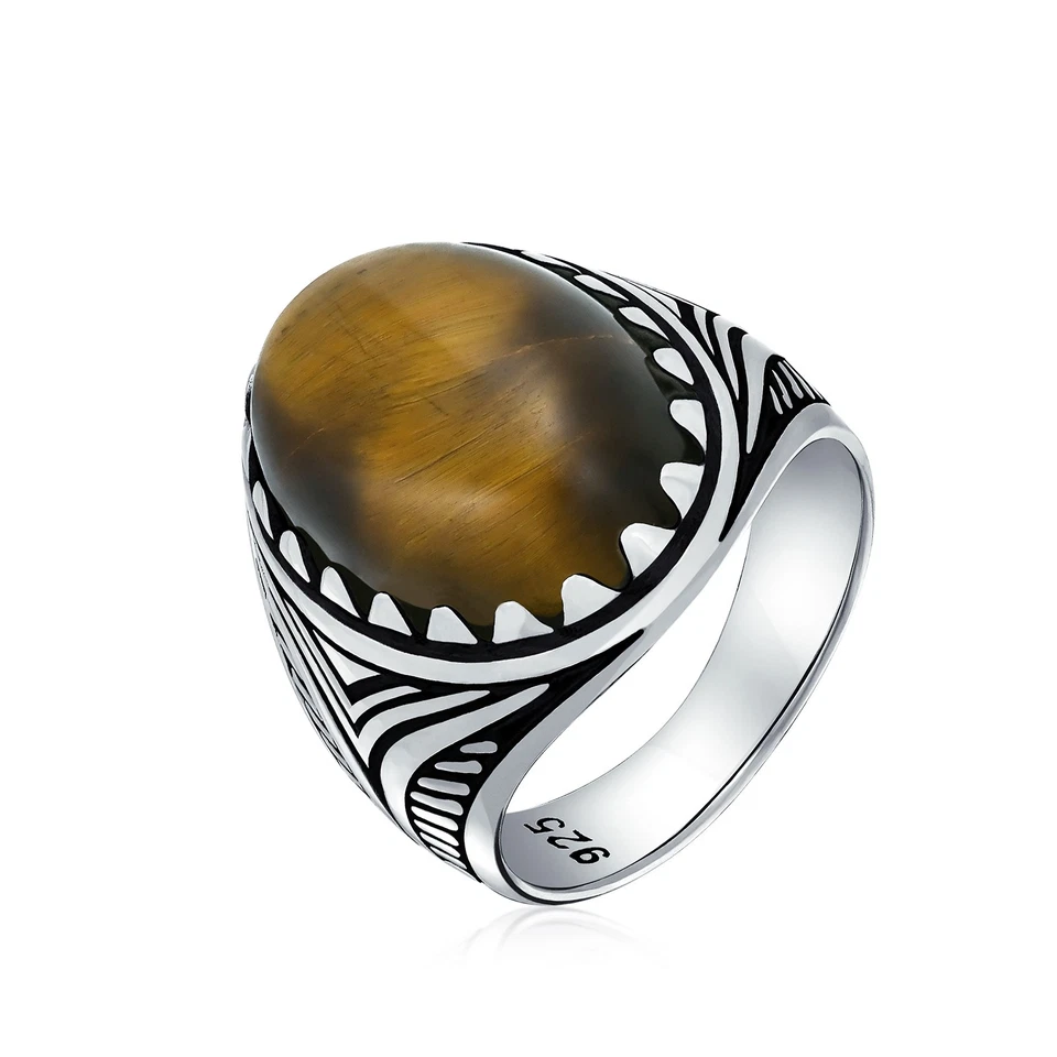 Anillo de plata para hombre negro ónix azul turquesa ojo de tigre piedras preciosas diseño garra de león Foto 2 de 2