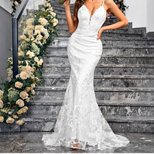 White Lace Mermaid Trumpet Wedding Dress Sleeveless V-Neck Open Back Train XL
