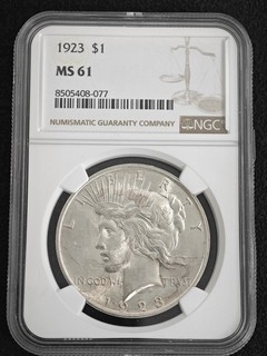 1923 1 Dollar Peace Dollar NGC MS 61 Silver Coin UNC