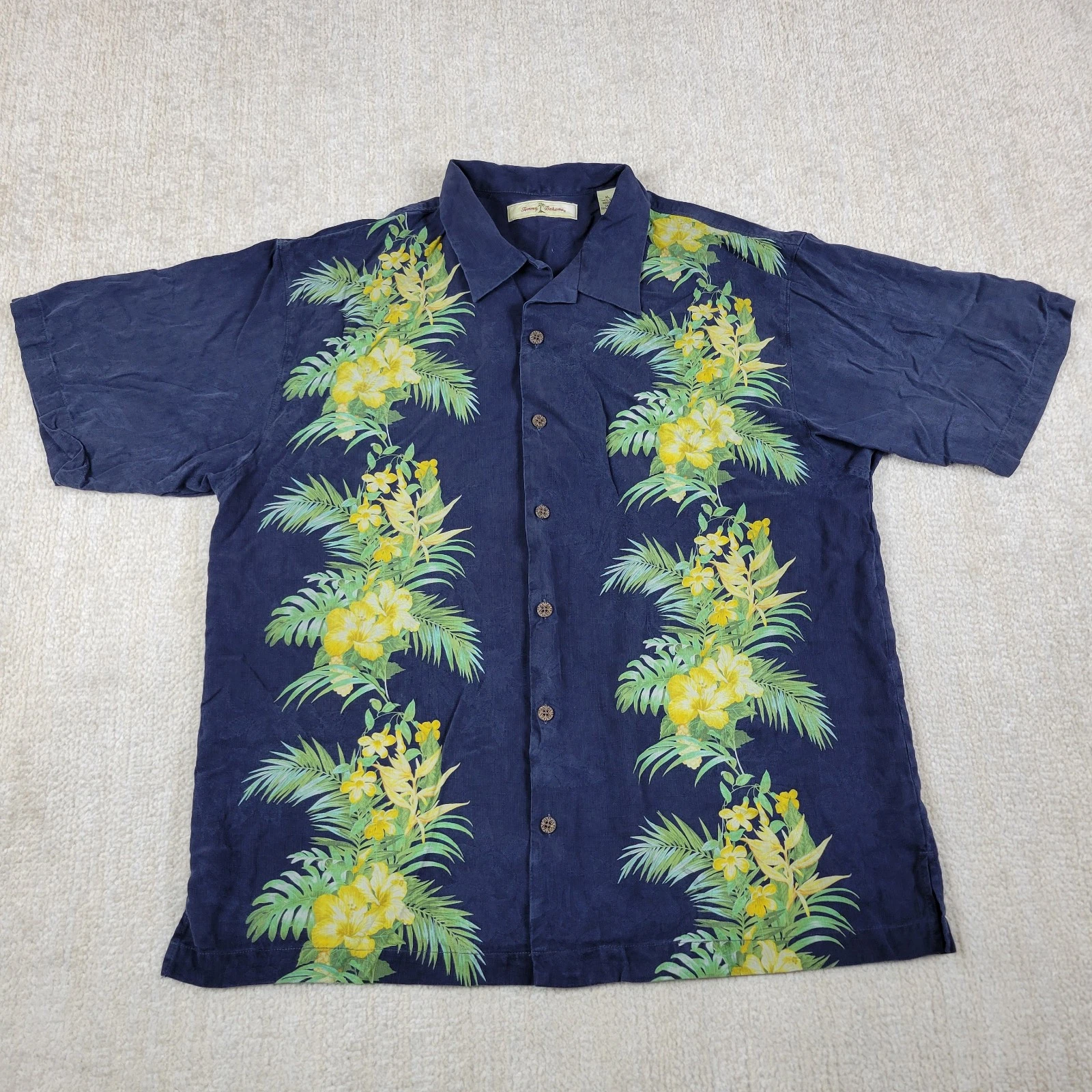 Tommy Bahama Silk Hawaiian Shirt Mens XL Blue Green Floral Hubiscus Panel Palm