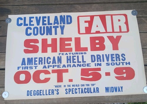 RARE 1940s Cleveland County Fair American Hell Drivers Promo Poster Shelby NC