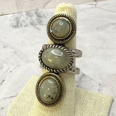 Three Stone Knuckle Ring Silver & Gold Tone Size 7.5 Gray Glass Cabochon 1.75''
