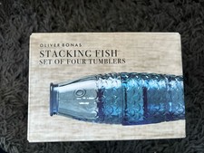 Oliver Bonas Stacking Fish Set of 4 Blue Glass Tumblers Soda Lime Glass - BNIB