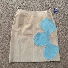Vintage Tan Leather Skirt With Blue Flower Size 8