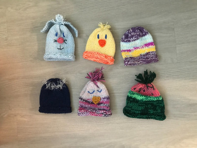 ,BABY GIRLS LOT OF  6:  HAND KNIT CHARACTER HATS...SIZE NB - 18 MO   NEW !!!
