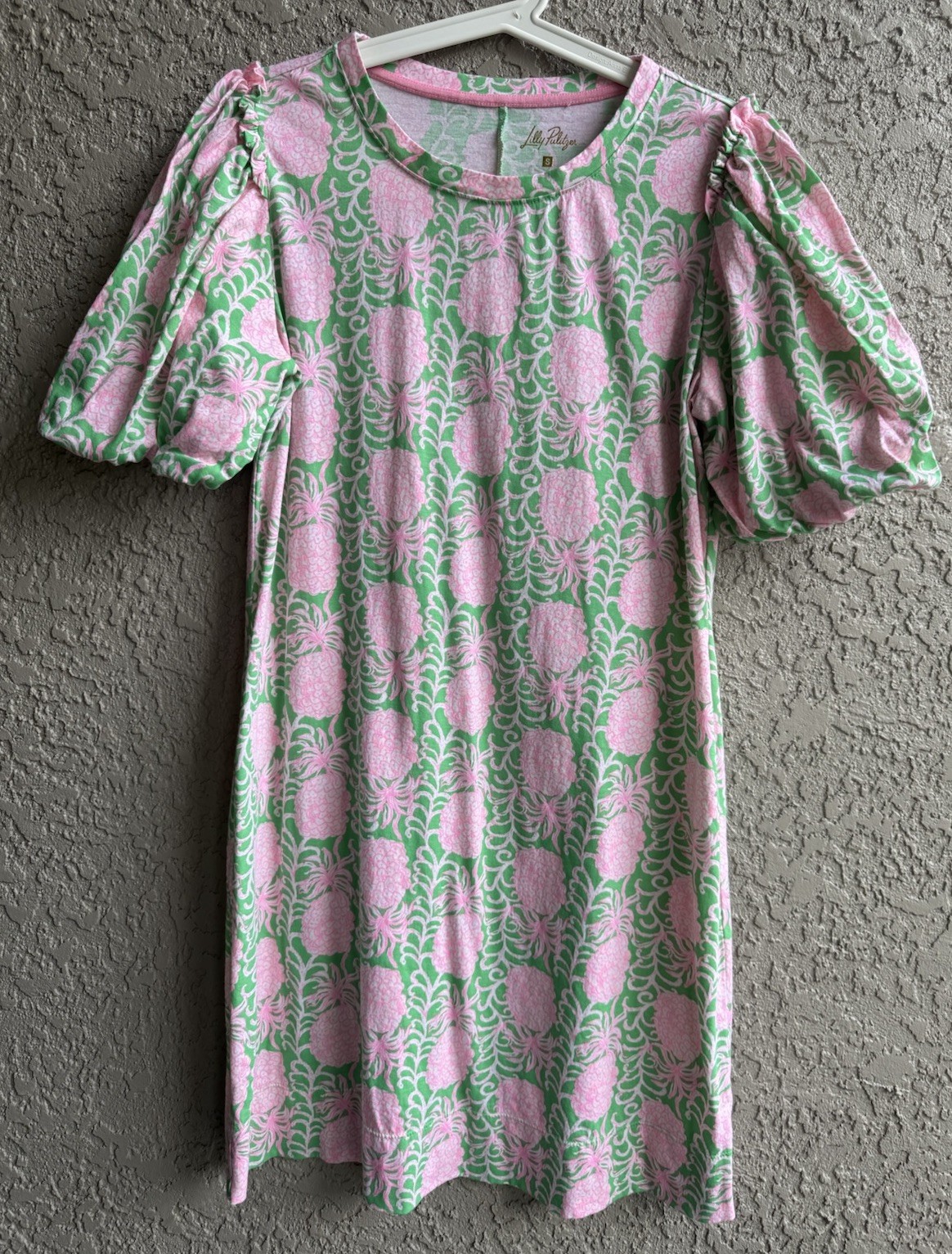 Lilly Pulitzer Mercer Dress Fauna Green Pink Pineapple Puff Sleeve Size S