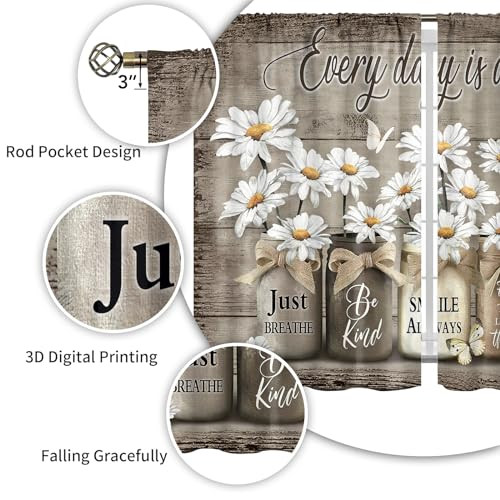 Farmhouse Floral Kitchen Curtains Daisy Gift Rustic Vintage Flower - Picture 2 of 7