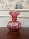Fenton Glass Pink Cranberry Diamond Optic Crimped & Ruffled Vase