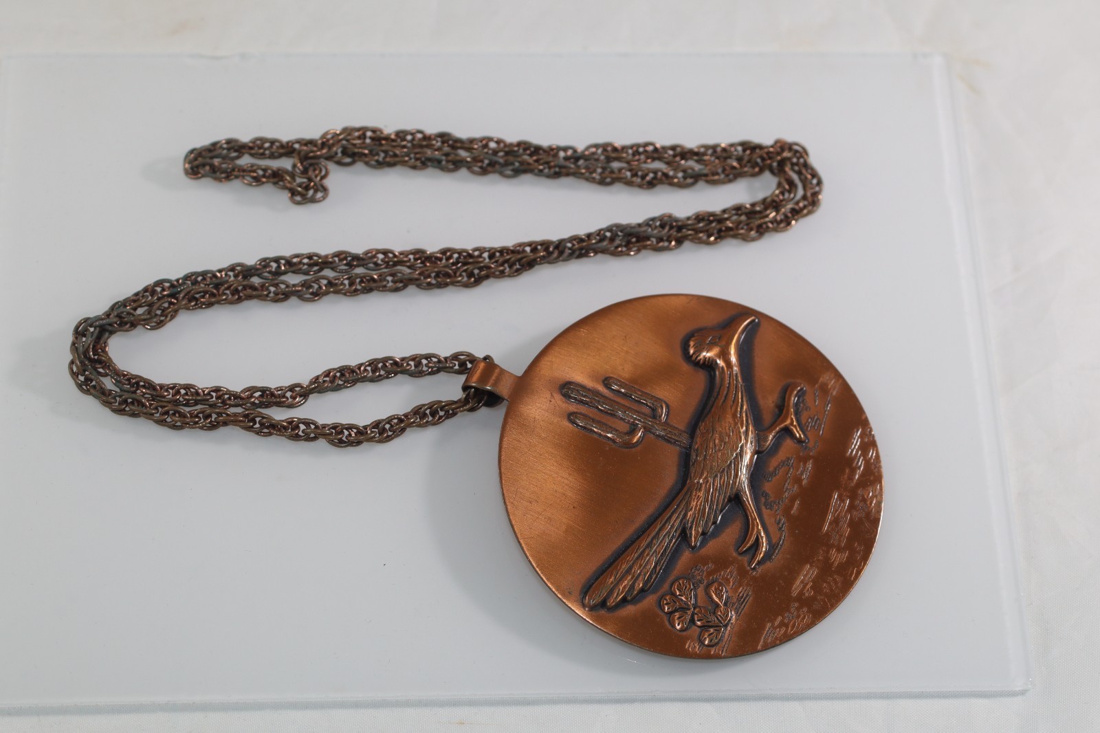Huge Vintage Solid Copper Roadrunner Medallion Ne… - image 5