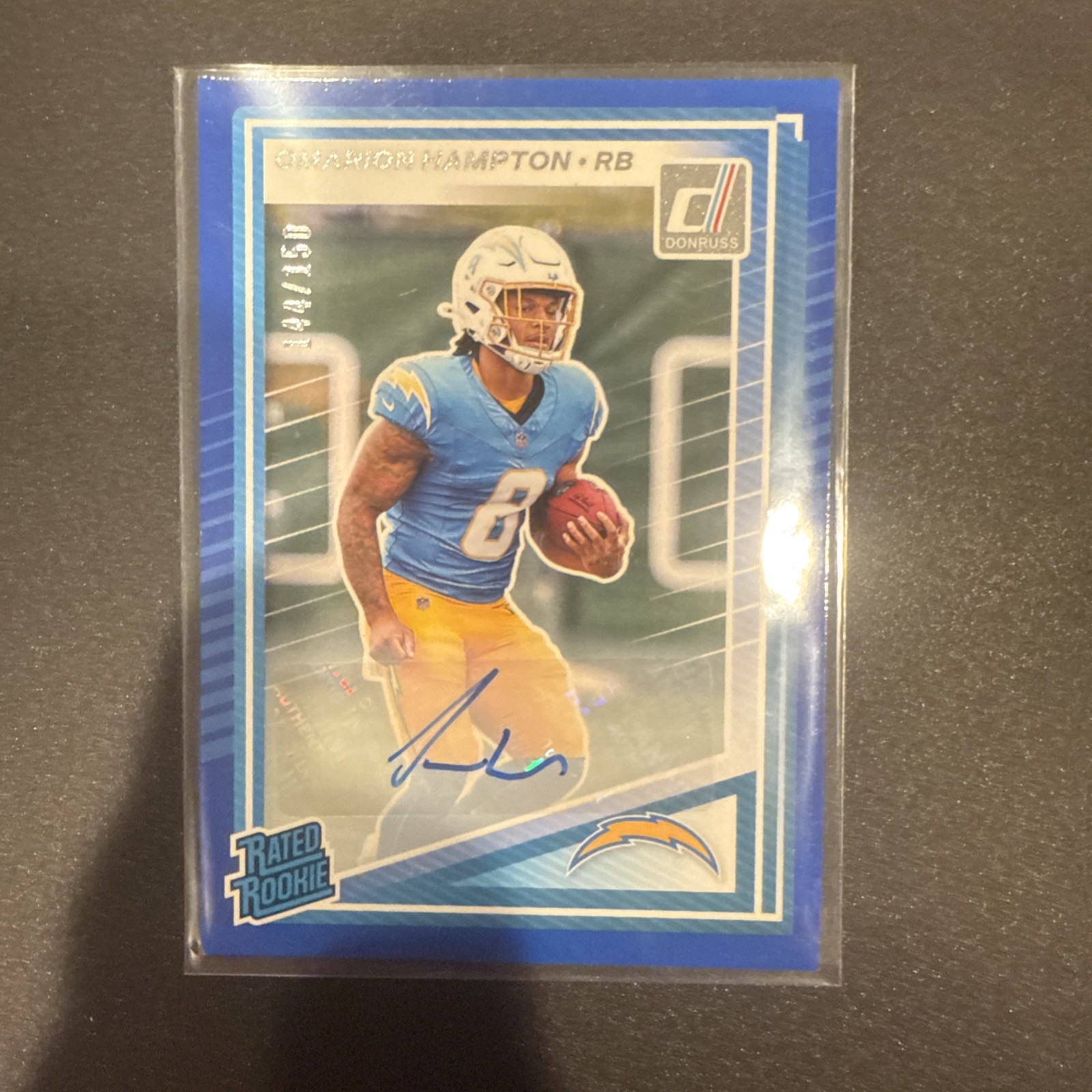 2025 PANINI DONRUSS OMARION HAMPTON BLUE PARALLEL RATED RC AUTO SP #303 s#d /150