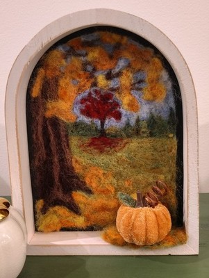 Needle Felted Fall Scene In Distressed White Wood Frame With Velvet Pumpkin