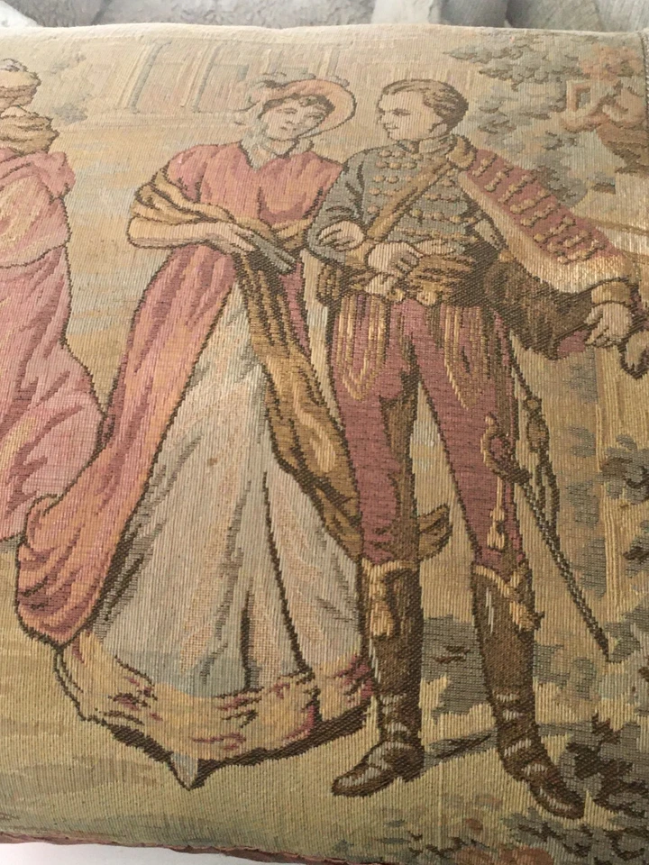 VINTAGE TAPESTRY  PILLOW COURTING COUPLES  17"BY25" GIMP FRINGE ENDS STUNNING - Image 2 of 4