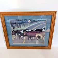 Vintage Lowell Herrero Cows Crossing Road Custom Wood Framed Art Print