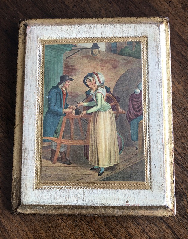 Vintage Victorian Women Market Scene Gold Gilt Tole Wall Plaque Italian Style