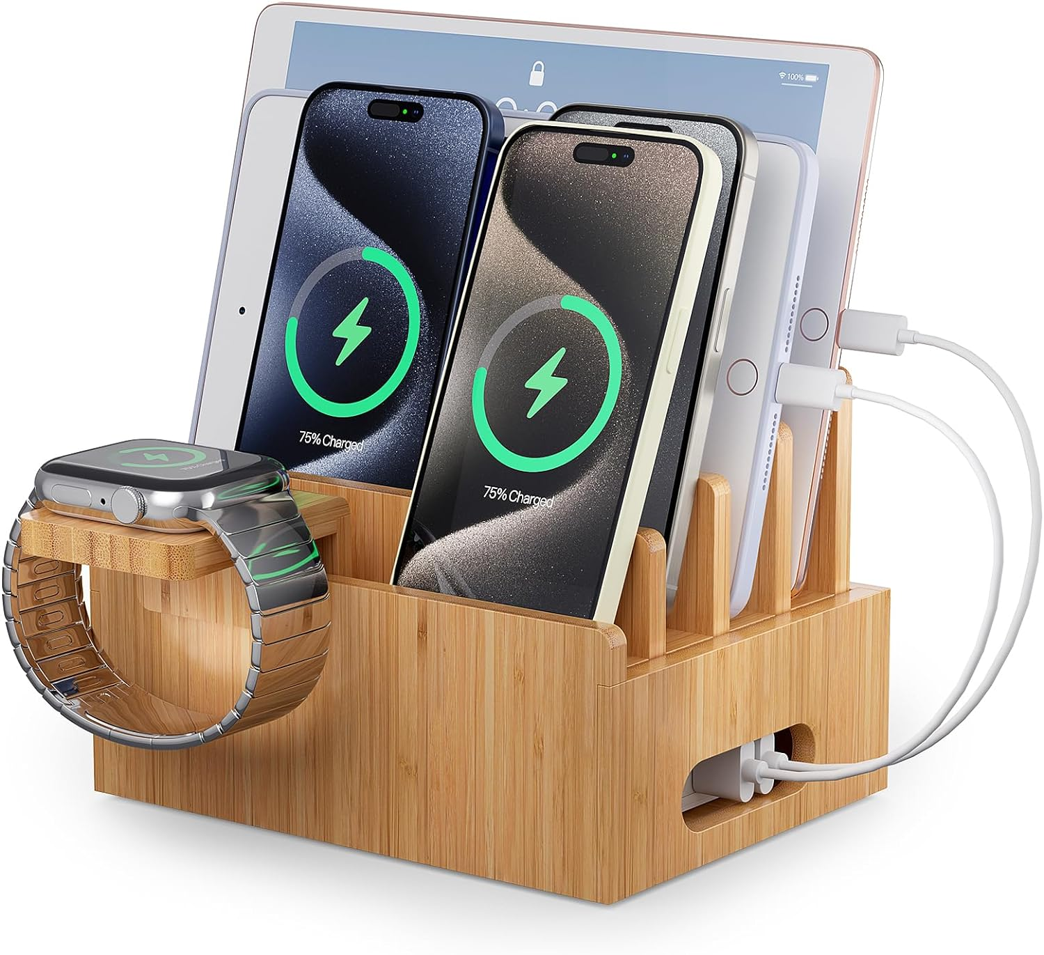 Bamboo Charging Station for Multi-Device with 4 Slots, Charging Dock Stand Compa-image