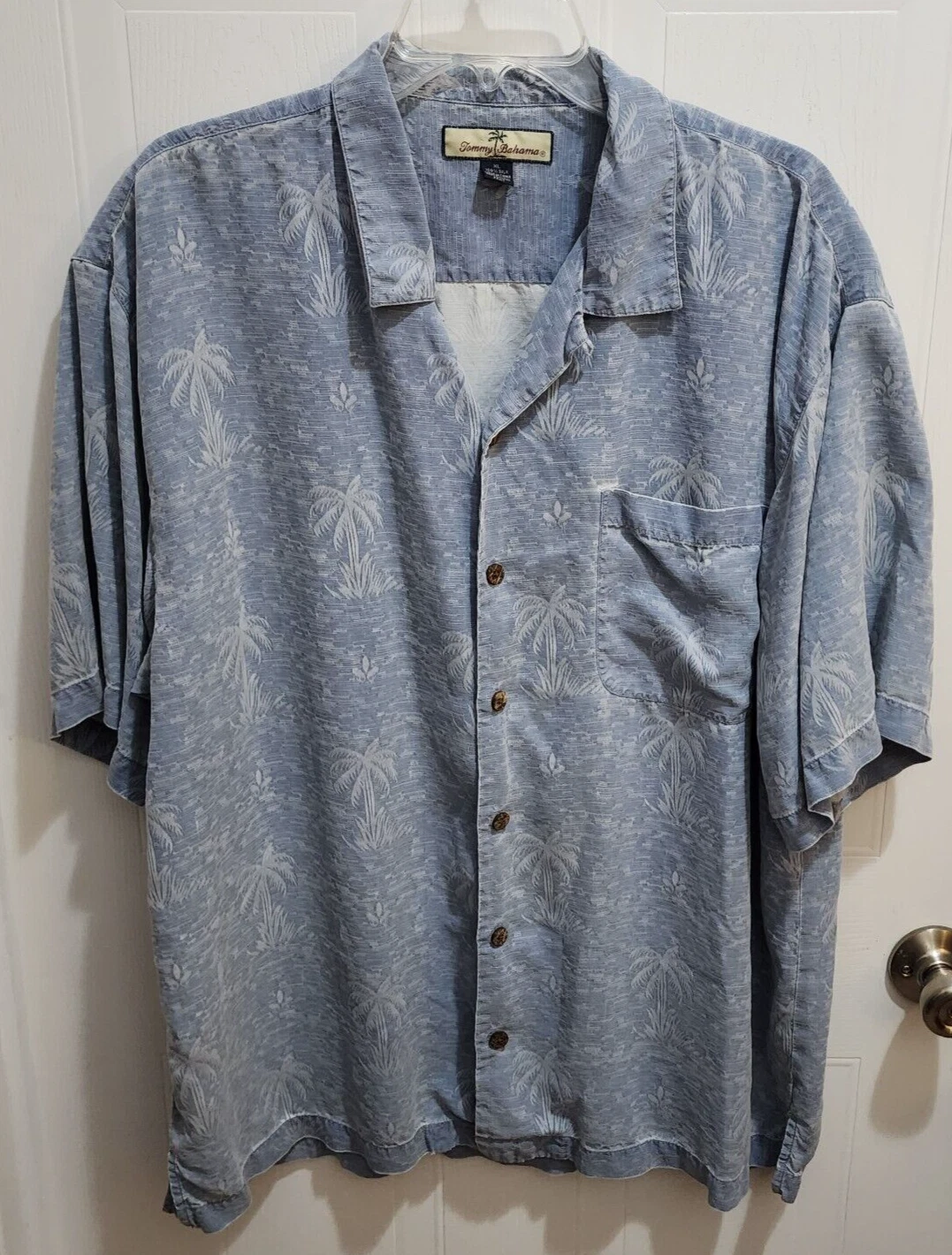 Tommy Bahama Hawaiian Floral Palm Tree Blue Button Shirt Silk Luau Camp Size XL