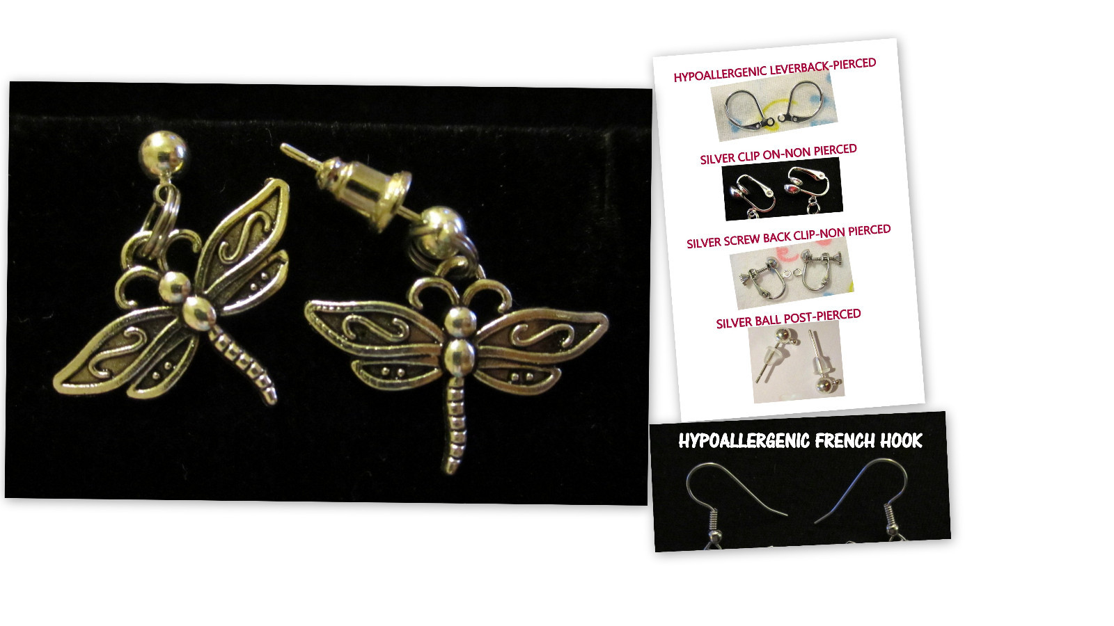 Dragonfly Silver Earrings or Necklace Hypoallergenic Clip-On Option