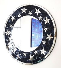 Specchio da parete rotondo nero e argento motivo stelle mosaico 60 cm - fatto a mano a Bali - NUOVO
