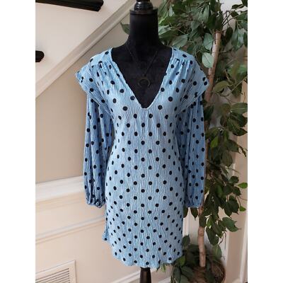 Zara Fit & Flare Dress Womens S Blue Black Polka Dot Shoulder Long Sleeve V  Neck | eBay
