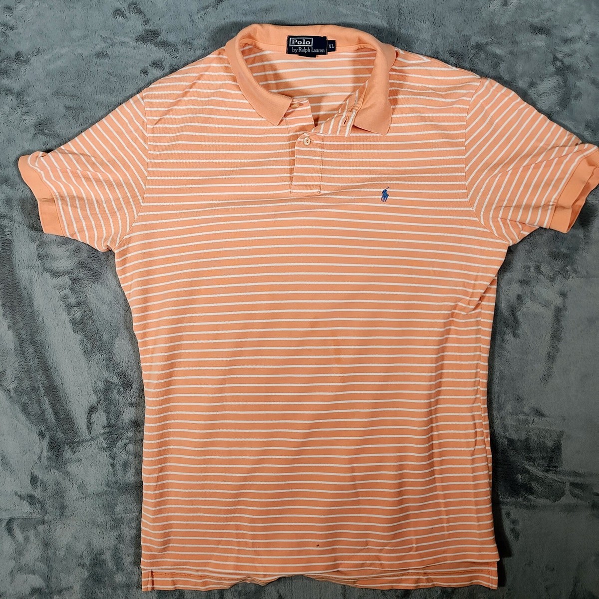 Polo by Ralph Lauren Orange Peach Striped Polo Blue Pony Logo (XL