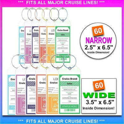 FITS ALL MAJOR CRUISE LINES! *WHOLESALE!* 120X! REUSABLE Cruise Luggage Tag/eTag Holder *60 Narrow & 60 Wide*