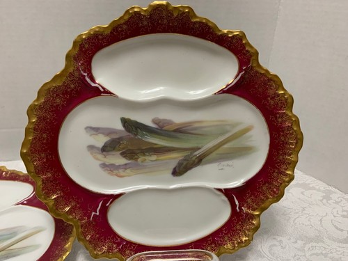 Pr Limoges Asparagus Plates c1900 Artist Signed Gilt Magenta Rim RARE LStraus - Picture 9 of 12