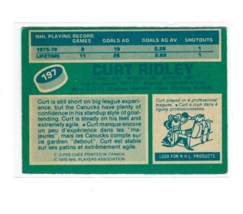 1976-77 O-Pee-Chee #197 Curt Ridley RC EX - Picture 2 of 2
