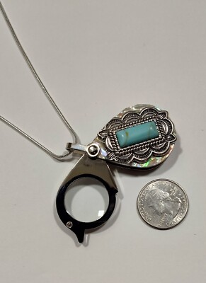 Magnifying Glass MOP and Faux Turquoise Embellished Loupe Pendant Necklace