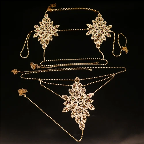 Sexy Body Jewelry Set Rhinestone Chain Bra Thong Set Chain Flower Lingerie Chain - Image 4 of 4