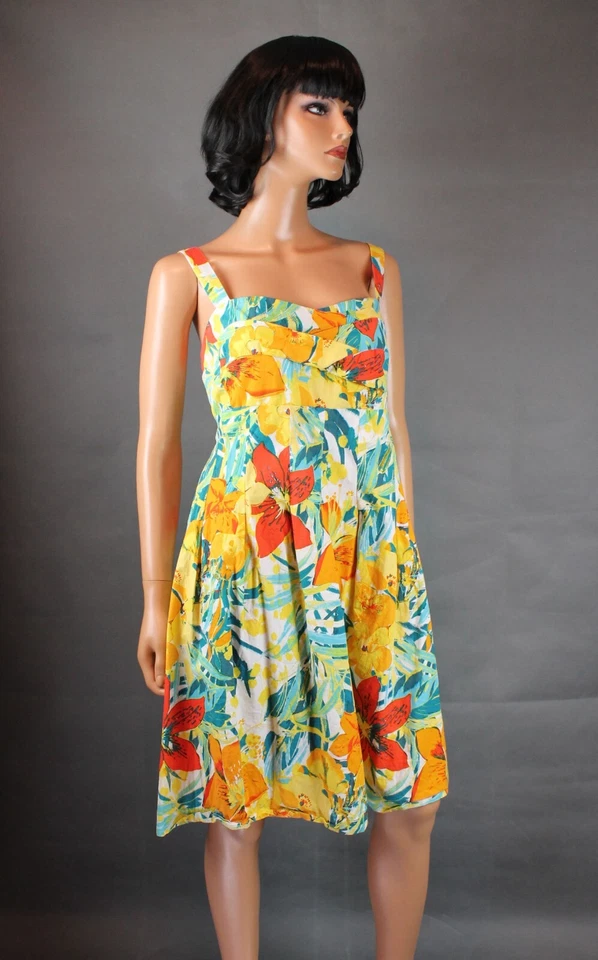 Vestido Hawaiano Vintage Talla 14 L Amarillo Azul Blanco Calado Sin Mangas Algodón R&K Foto 4 de 4