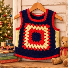 Vintage 1970s Crochet Granny Square Child's Vest Red Navy Cream Handmade Kids
