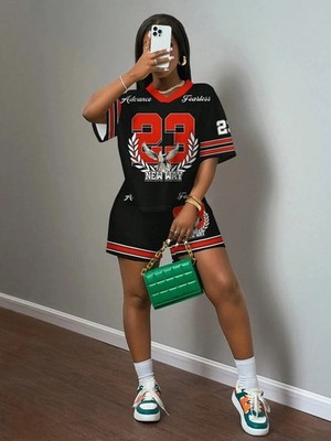 Spicy Girl Oversized Jersey Set   Summer Streetwear Y2K Women s Top + Shorts