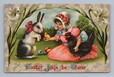 Easter Joys little girl bunny chicken chicks eggs illustration 1907