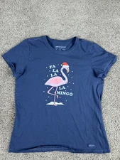 Life Is Good Shirt Womens Large Blue Fa La La La Flamingo Christmas Crusher *