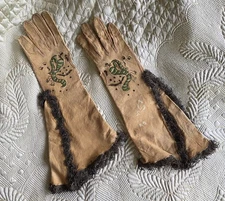 EARLY 18TH C HAND EMBROIDERED LEATHER GLOVES W METALLIC LOOP FRINGE EDGING