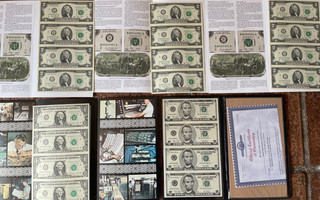 5 uncut sheets of 4 Federal Reserve Notes: $1 1981A $2 2009 (x3) $5 2003 star