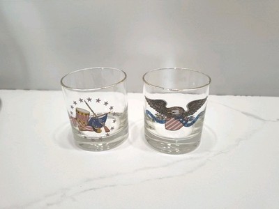 Vintage Set 2 Bicentennial Patriotic Eagle Whiskey Rock Barware Glass Lowball