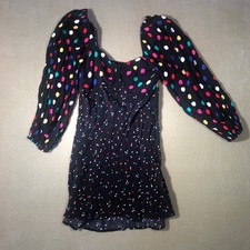 Rixo Mini Dress Womens 6 Black Multi Polka Dot Sweetheart Puff Sleeve Smocked
