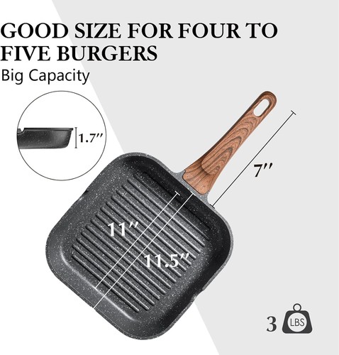 Padella Grill Antiaderente per Piani Cottura, Padella Versatile con Beccucci Versare, Quadrato - Foto 7 di 10