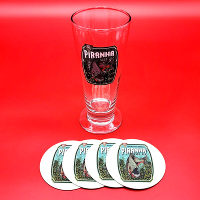 BJS PIRANHA Pale Ale Footed Beer Glass Matching Paper Coasters Mancave Barware