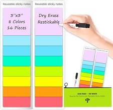 Dry Erase Sticky Notes - Reusable Whiteboard Stickers 8 Colors 3"x3"-16 Pack.